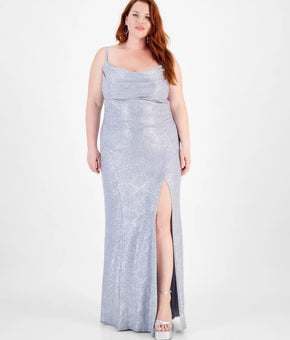 Emerald Sundae Trendy Plus Size 20 Draped-Sweetheart-Neck Glitter Gown Silver