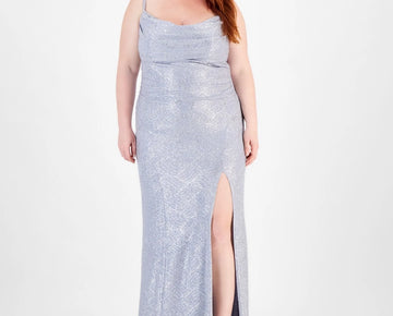 Emerald Sundae Trendy Plus Size 20 Draped-Sweetheart-Neck Glitter Gown Silver