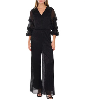 Vince Camuto Women's Metallic V-Neck Bubble-Sleeve Jumpsuit Black Size S MSRP$99