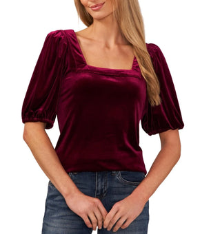 CeCe Blouse Womens Size XL Red Velvet Square Neck Puff Sleeve Glimmering $59