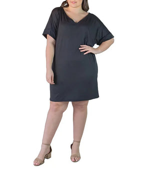 24seven Comfort Apparel Plus Size Loose Fit V-Neck T Shirt Dress Black Size 1X
