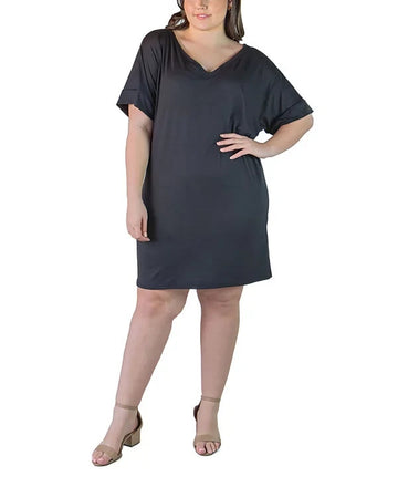 24seven Comfort Apparel Plus Size Loose Fit V-Neck T Shirt Dress Black Size 1X