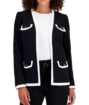 Kasper Womens Petites Contrast Trim Collarless Open Front Size PS Black