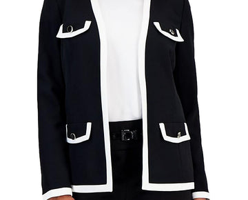 Kasper Womens Petites Contrast Trim Collarless Open Front Size PS Black