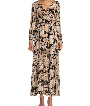 Tommy Hilfiger Women's Floral-Print Maxi Dress Black Beige Size 14 MSRP $149