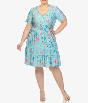 White Mark Floral High Waist Tiered Dress Women's Plus Size 1XL Blue MSRP $58