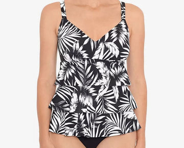 Swim Solutions FEATHER BLOOM BLACK/WHITE Triple-Tier One-Piece Swimsuit Size 10
