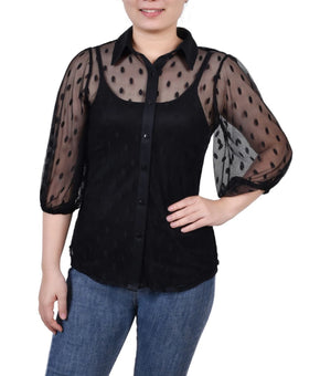 NY Collection Petite Elbow Sleeve Clip Dot Top Black Size PL