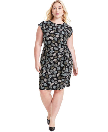 Kasper Plus Size Abstract-Print Cap-Sleeve Dress Black Size 2X MSRP $99
