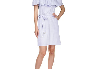 MICHAEL KORS Ruffled Off-The-Shoulder Mini Dress Blue Size PS Petite MSRP $140