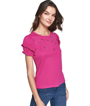 KARL LAGERFELD PARIS Petite Embellished Puff-Sleeve Top Size PS MSRP $79