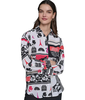 KARL LAGERFELD Paris Petite Size PXL Printed Collared Button Shirt White $89