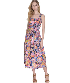 Eliza J Women's Cotton Smocked-Waist Floral-Print Dress Pink Orange Size 14 $138