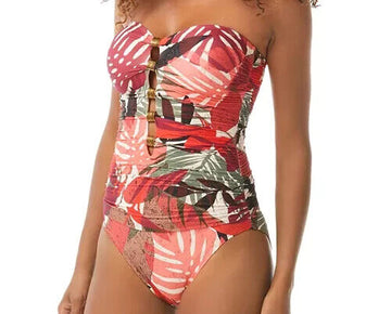 Carmen Marc Valvo Womens Printed Ruched Bandeau One-Piece Swimsuit Red Size 8
