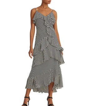Lauren Ralph Lauren Striped Georgette Cocktail Dre Black Cream Size 16 MSRP $245