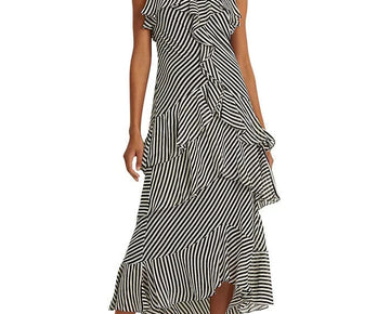 Lauren Ralph Lauren Striped Georgette Cocktail Dre Black Cream Size 16 MSRP $245
