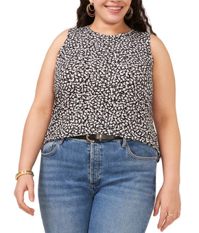 Vince Camuto Plus Size 3X Floral Crewneck Split Back Keyhole Tank Top Black
