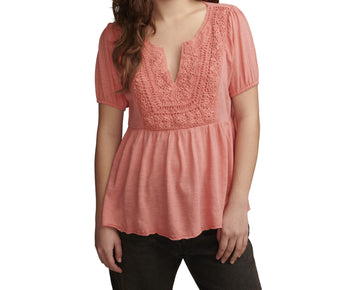 Lucky Brand Women's Crochet Yoke Babydoll Top, Peach Blossom Size L