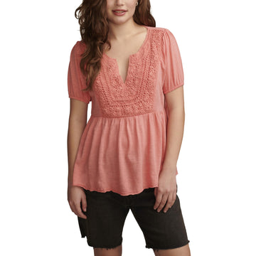 Lucky Brand Women's Crochet Yoke Babydoll Top, Peach Blossom Size L
