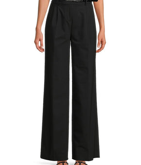 Calvin Klein Womens Pinstripe Belted Wide Trouser Pants Black Size 14 MSRP $109