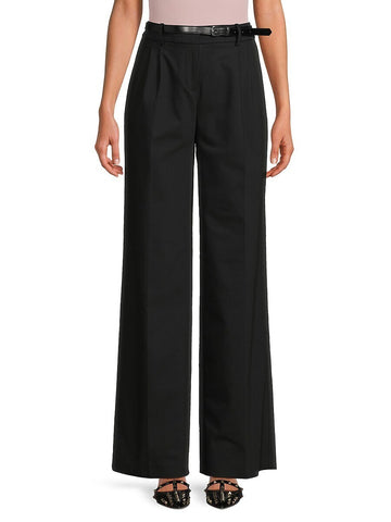 Calvin Klein Womens Pinstripe Belted Wide Trouser Pants Black Size 14 MSRP $109