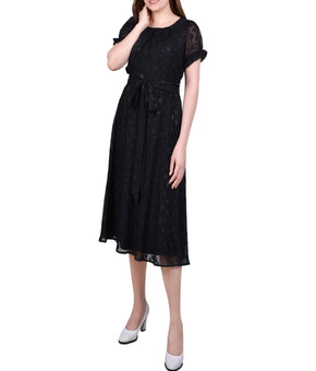 NY Collection Petite Short Sleeve Belted Swiss Dot Dress Black Size PL