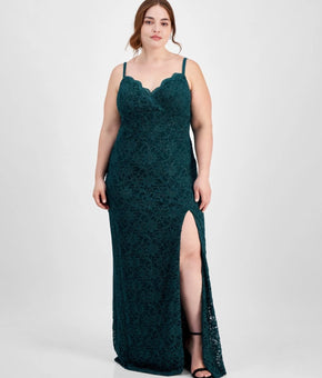 City Studios Plus Size 18W Glitter Lace Spaghetti-Strap Gown Green MSRP $149