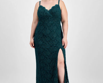 City Studios Plus Size 18W Glitter Lace Spaghetti-Strap Gown Green MSRP $149