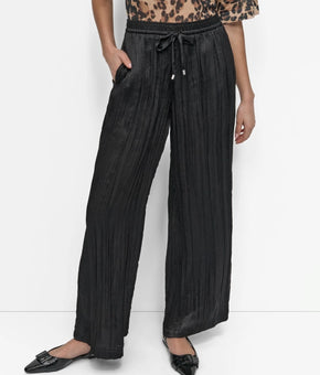 DKNY Women's Crushed Crease pockets polyester Wide-Leg Pants Black Size XL $99