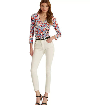 LAUREN Ralph Lauren Floral Surplice Jersey Top Blue Red Size XS MSRP $80
