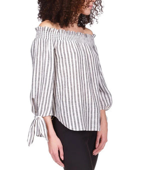 Michael Kors Striped Off-the-Shoulder Top Linen Shirt Ivory Gray Size M MSRP $98