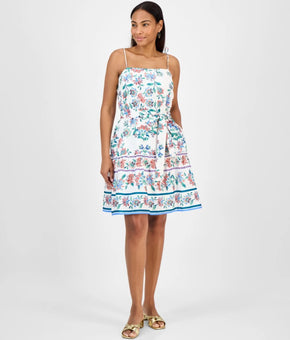 julia jordan Womens Printed Sleeveless Fit & Flare Dress White Blue Size M $129