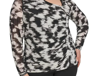 Calvin Klein Plus Size Printed Asymmetric Ruched Top Black Size 1X MSRP $79