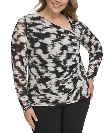 Calvin Klein Plus Size Printed Asymmetric Ruched Top Black Size 1X MSRP $79