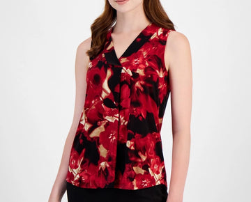 Anne Klein Women's Printed Sleeveless V-Neck Shell Top Red Size XL