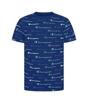 Champion Big Boys Script All Over Print Boxy T-shirt Blue Size XL