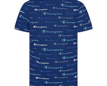 Champion Big Boys Script All Over Print Boxy T-shirt Blue Size XL