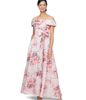 Alex Evenings Petite Floral-Print Off-The-Shoulder Gown Blush Multi Size 8P $249