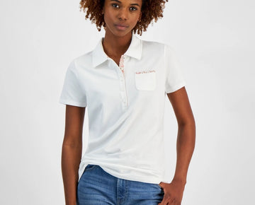 Nautica Jeans Women's Printed-Trim Pocket Polo Shirt White Size L