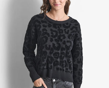 DKNY Women's Round-Neck Animal Chenille Sweater Black Size L MSRP $99