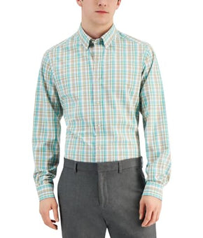 Club Room Mens Plaid Stretch Dress Shirt Green Size M