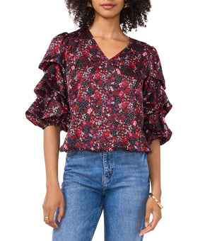 Vince Camuto Women's Printed V-Neck Bubble Sleeve Top Black Red Size S SALE $89