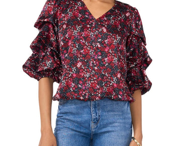 Vince Camuto Women's Printed V-Neck Bubble Sleeve Top Black Red Size L MSRP $89