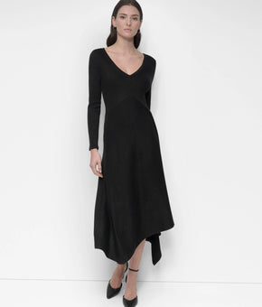 DKNY Women's Asymmetrical Long-Sleeve Midi Dress Black Size S MSRP $139