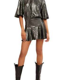 Free People Manuka Sequin Mini Dress Silver Black Size L MSRP $168