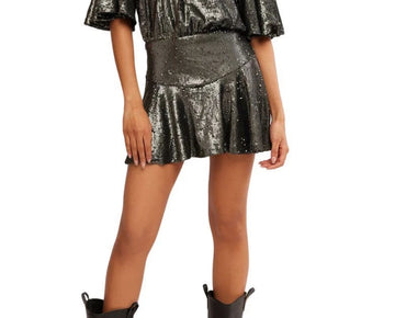 Free People Manuka Sequin Mini Dress Silver Black Size L MSRP $168