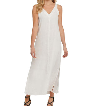 Pure DKNY Womens Linen V Neck Maxi Dress