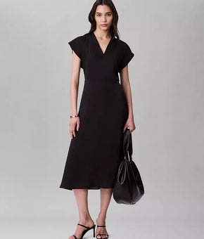Calvin Klein Womens Satin V-Neck Midi Dress Black Size 10 MSRP $179