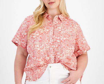 Tommy Hilfiger Cotton Cuffed-Sleeve Camp Shirt Mineral Red Plus Size 3X MSRP $60