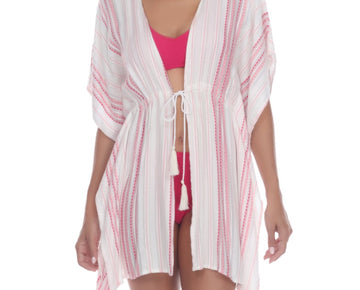 Raviya WHITE/PINK Striped Tassel Trim Cover-up Dress, US Size M